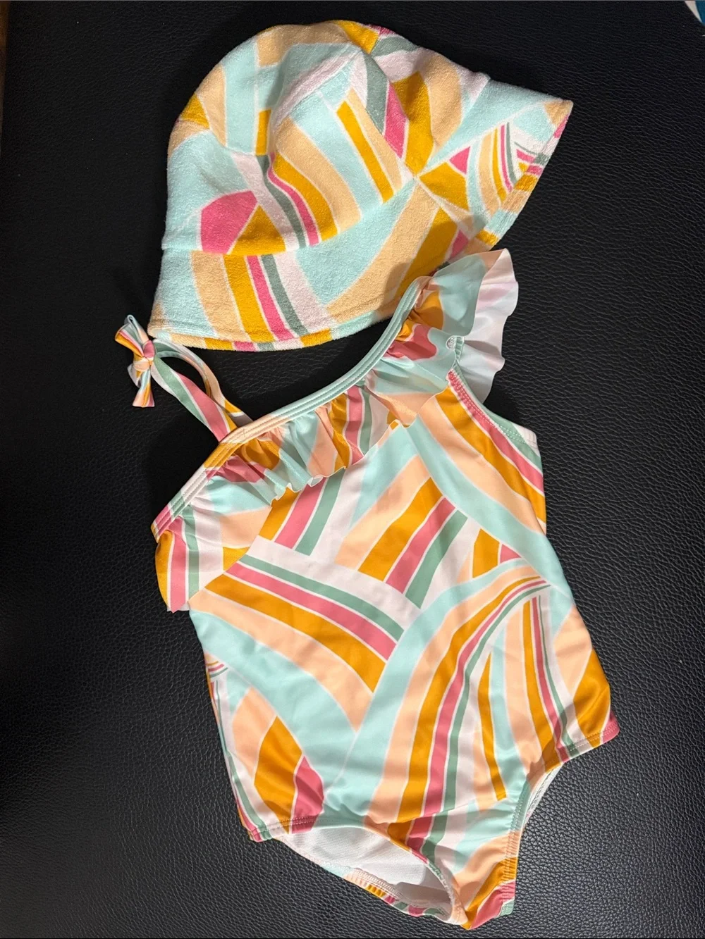 wonder nation Girls One-Piece Swim with Matching Hat - Mint, Pink, Yellow, Peach